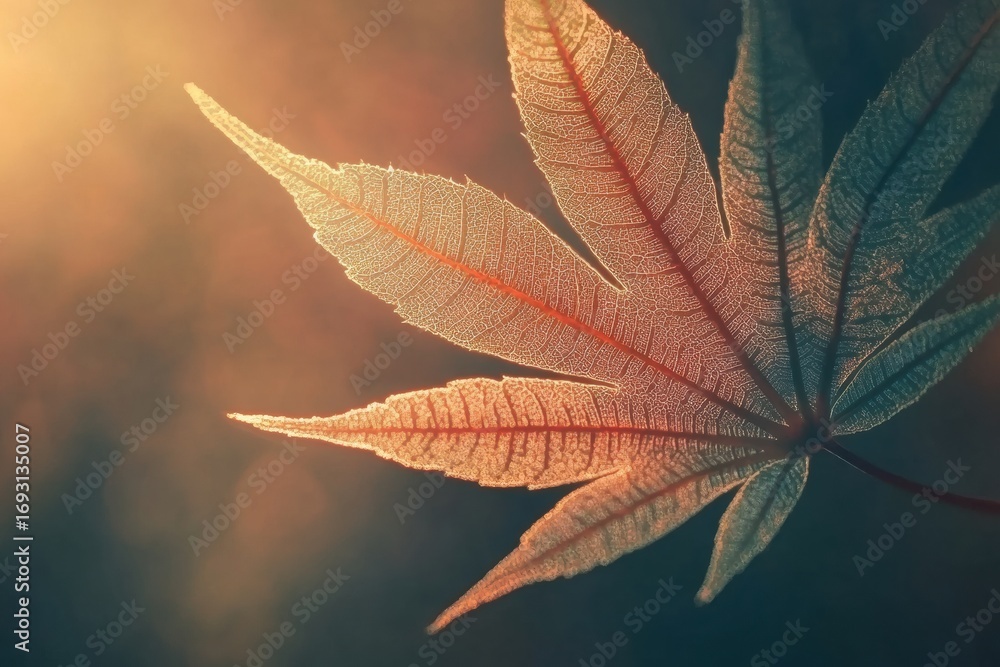 Aufkleber close-up of a translucent leaf illuminated by soft sunlight in a serene natural setting during the e