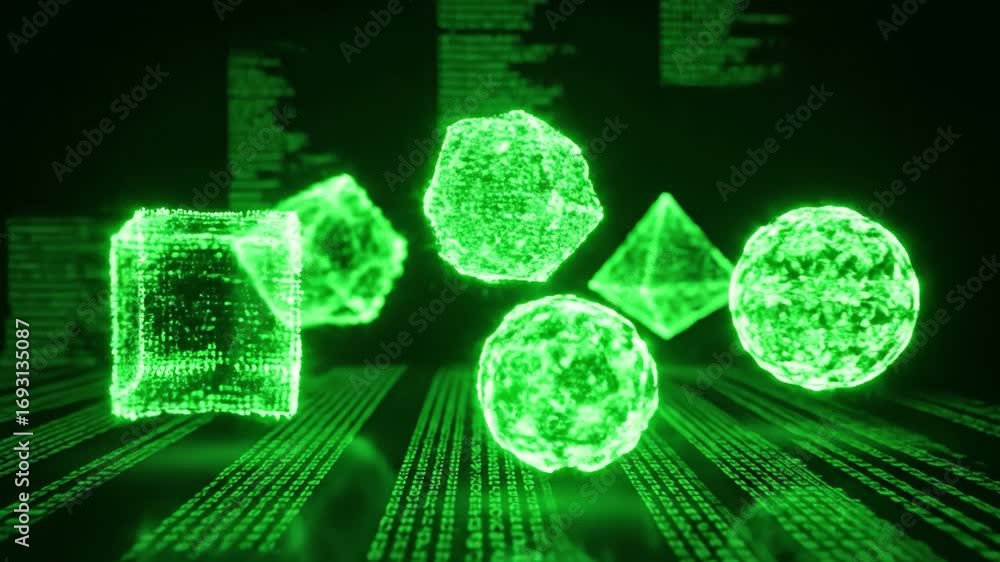 Poster glowing green geometric shapes such as cube, sphere, dodecahedron, and pyramid float above digital m
