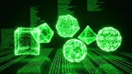 Glowing green geometric shapes such as cube, sphere, dodecahedron, and pyramid float above digital matrix background with code, while green digital code, binary numbers, and abstract shapes evoke - Powered by Adobe