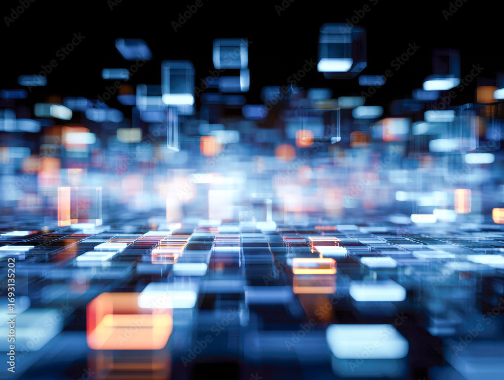 Aufkleber abstract futuristic digital grid with glowing multicolored cubes representing data flow and advanced