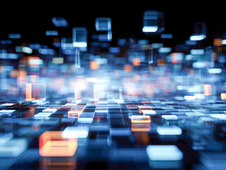 Obraz premium Abstract futuristic digital grid with glowing multicolored cubes representing data flow and advanced technology concepts in a high-tech environment
