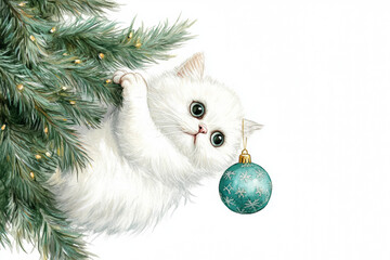 A Persian kitten grabs a Christmas tree toy on a branch