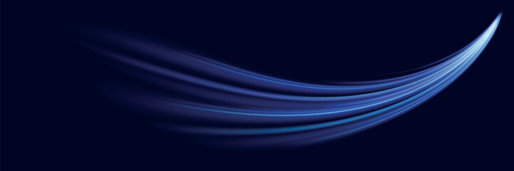 Blue wind waves effect. Abstract light motion trails with sparkles isolated on black background. Light blue Twirl. Curve light effect of blue line. Luminous blue circle.