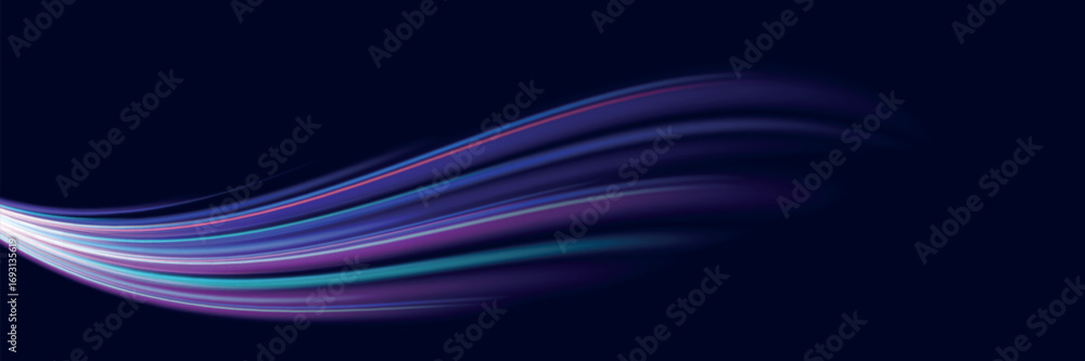 Poster blue light trail, wave speed, trace line twirl. abstract light lines of movement and speed with whit