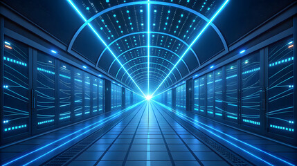 Futuristic blue data center server room tunnel technology