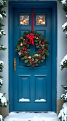 Fototapeta premium Blue wooden door with Christmas wreath in snowy winter scene
