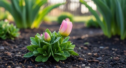 Pink Tulip Blooming in Garden Bed.