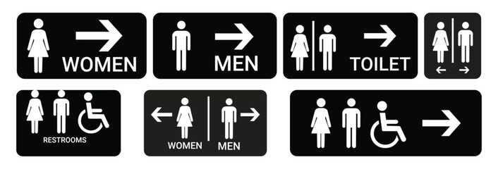 Toilet icons set. Men and women restroom icon sign right arrow. Disabled wheelchair icon. Vector Illustration