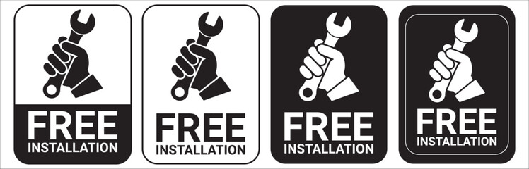 Free installation with hand and spanner icon set. Install, upgrade, fix, repair service icons. Free installation logo, label, badge, symbol, emblem, stamp, black, line, vector isolated illustration.