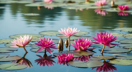 Pink Water Lilies Blooming in a Serene Pond with Green Lily Pads.