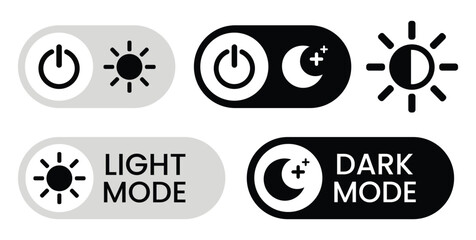 Day and night mode set icon. Sun, moon, dark, morning, weather, light, button, lamp, bulb symbol icons collection. Black and white vector illustration. Mobile apps or website screen brightness icon.