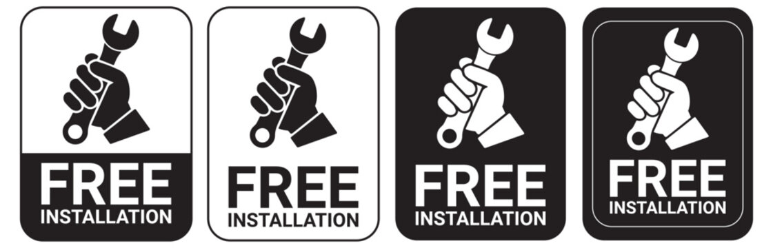 Free installation with hand and spanner icon set. Install, upgrade, fix, repair service icons. Free installation logo, label, badge, symbol, emblem, stamp, black, line, vector isolated illustration.