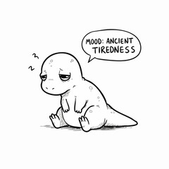 Whimsical Handdrawn Sad Dinosaur Character with Speech Bubble Showing Tiredness
