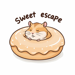 Cute Cartoon Hamster Relaxing Inside Sweet Donut Illustration Graphics