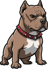 Cartoon pitbull dog with a red spiked collar sitting on a white background looking to the side
