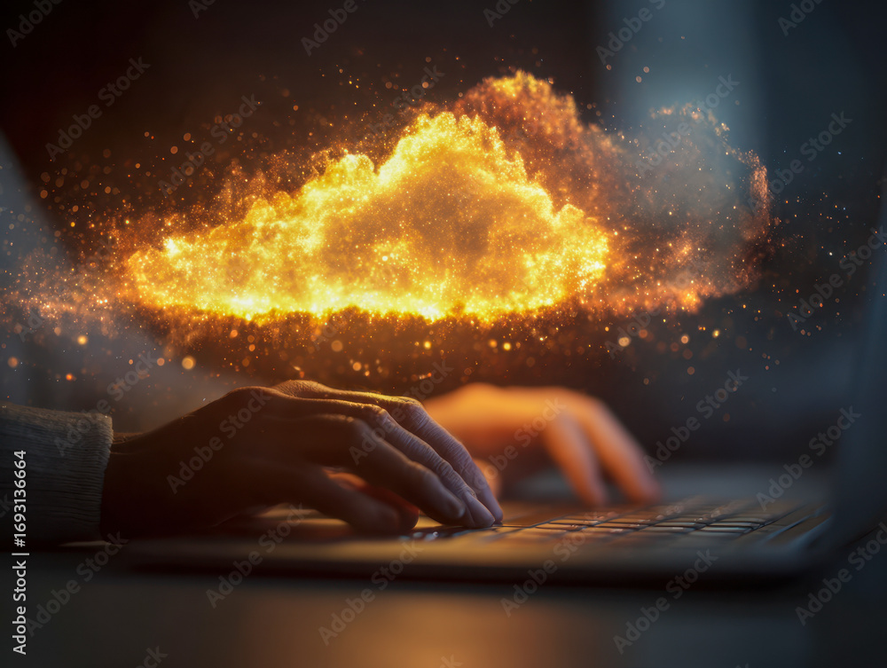 Poster digital innovation and cloud computing concept illustrated with glowing cloud hologram over a person