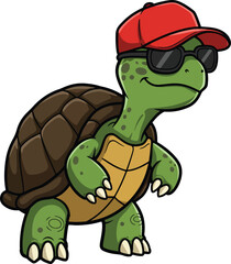 Cartoon turtle wearing a red cap and sunglasses standing on a white background in a vector illustration