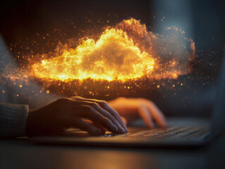 Digital innovation and cloud computing concept illustrated with glowing cloud hologram over a person's hands typing on a laptop keyboard