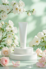 a white, cylindrical, empty skincare tube on a round pedestal, surrounded by soft pink and white roses against a mint green background