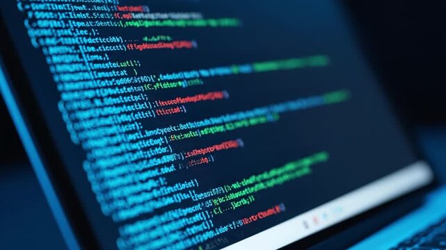 Colorful code computer screen showcasing software development, programming technology, digital innovation, and web design modern workspace closeup, highlighting creative security, data,