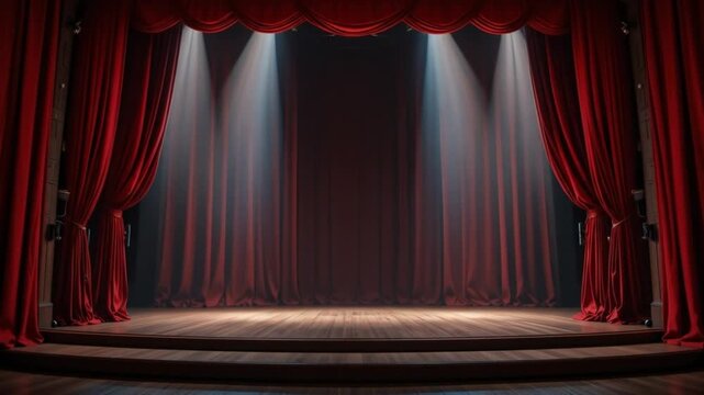 Empty stage with red curtains open. 4k video