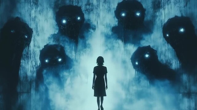 A bold female figure stands defiantly against ominous creatures in a misty setting. This scene evokes tension, urging viewers to confront the unknown and explore their deepest fears, sparking intrigue