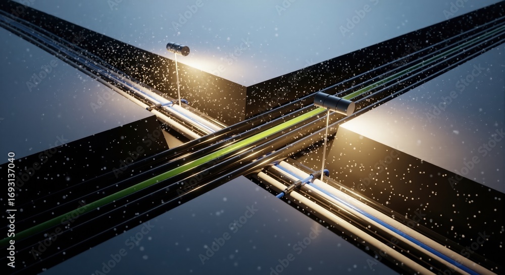 Poster futuristic data network with glowing pipes and cables. abstract technological infrastructure for inf