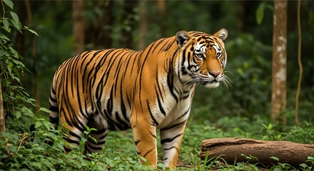 Obraz premium Majestic Bengal Tiger Standing Tall in Lush Green Forest.