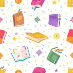 Book seamless pattern. Cartoon books open and closed, diary, notebooks, study. Decorative educational print template, nowaday vector background