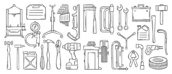 Doodle car service. Hand drawn auto service icons, mechanic equipment canisters tires drill battery sketch design. Repair neoteric vector set