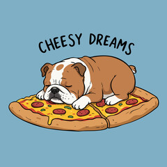 Cute Handdrawn Bulldog Sleeping on Pizza Cartoon Illustration Design