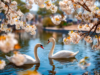 Two swans swimming beneath blooming cherry blossoms by a tranquil lake