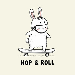 Playful Handdrawn Rabbit on Skateboard Illustration with Protective Helmet Design