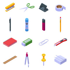 Isometric office school supplies. Isolated stationery icons, pen pencil scissors tape. Different tools for office work, for writing and drawing, nifty vector set