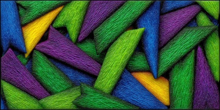 An abstract composition of colorful, textured triangular shapes.