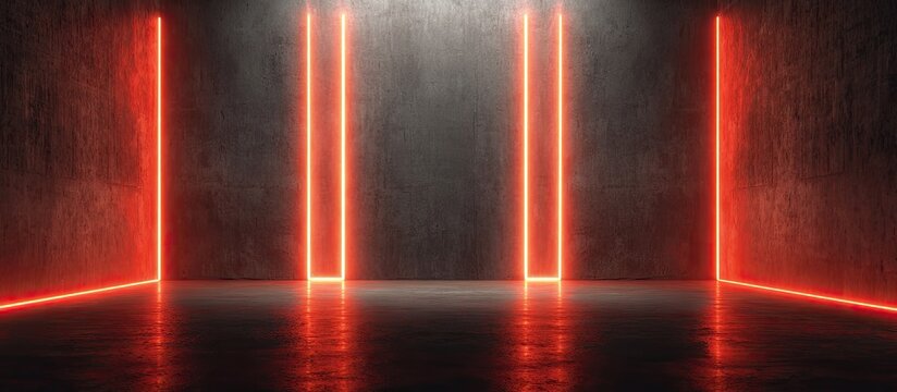 Empty room with vibrant red neon lines on dark concrete walls and floor