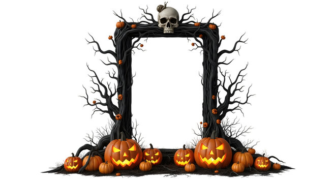 Spooky halloween archway frame with carved pumpkins, bare branches, and a skull, isolated on transparent background