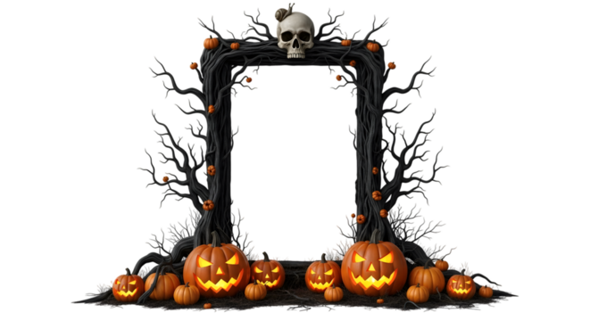 Spooky halloween archway frame with carved pumpkins, bare branches, and a skull, isolated on transparent background