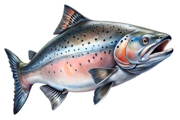 Fototapeta premium Detailed illustration of a large, colorful salmon fish swimming, showcasing its scales, fins, and open mouth, isolated on a clean transparent background