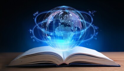 open book with a rotating digital globe