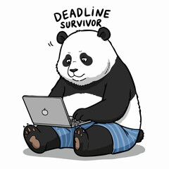 Cartoon Style Deadline Survivor Panda with Laptop Illustration Design