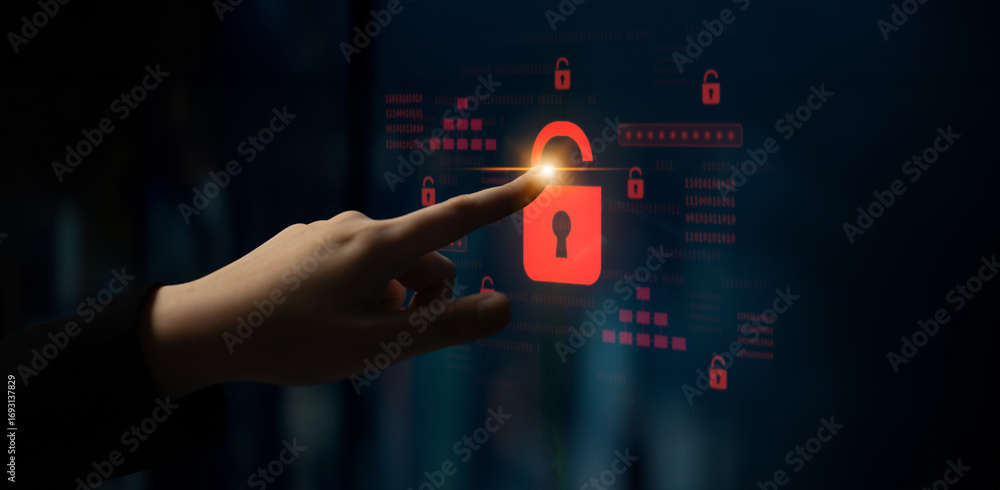 Poster digital security concept illustrating a cybersecurity breach, with a red unlocked padlock indicating
