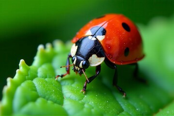 Fototapeta premium A vibrant ladybug crawls on a green leaf, highlighting the beauty of nature.