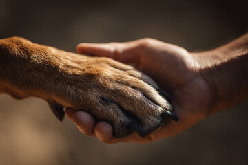 Compassionate human hand tenderly clasping furry dog paw, representing deep emotional connection between pet and owner
