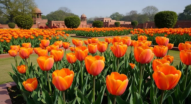 Orange Tulips in a Beautiful Garden. - Powered by Adobe