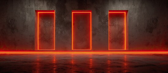 Abstract neon doors in dark room