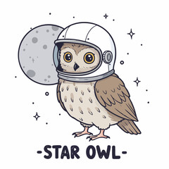 Cartoon Handdrawn Astronaut Owl with Moon and Stars Cute Illustration