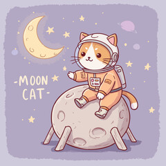Cute Handdrawn Astronaut Cat Sitting on Moon Illustration For Kid