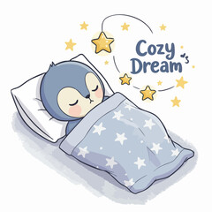 Watercolor Adorable Sleeping Penguin with Starry Blanket Illustration Art