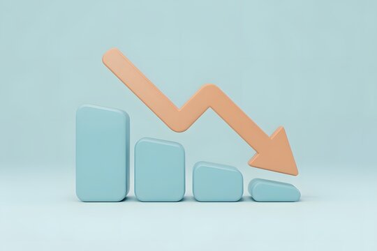 Declining bar graph with a downward trending arrow on a light blue background